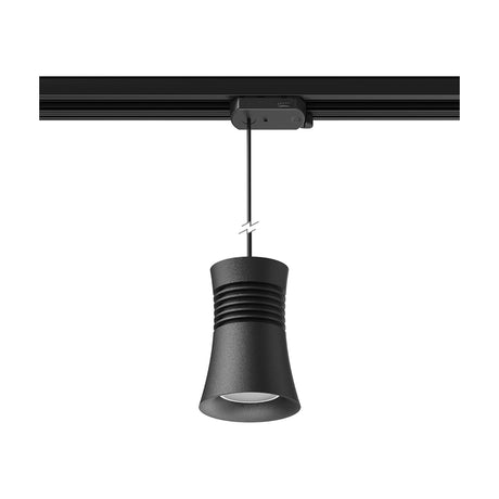 Pagoda GU10 Track Light in black, a small stepped, tapering pendant shade suspended by a thin cable from a black ceiling track adapter, shown on a plain white background.