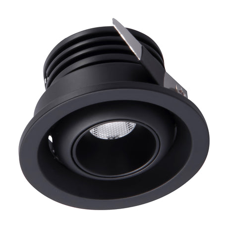 Neptuno Recessed Spotlight in matte black aluminium, showing the round 50mm trim with adjustable swivel LED head, photographed on a plain white background.