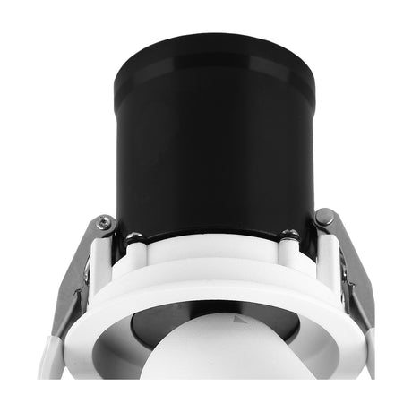 Close-up of the Garda Recessed Downlight's pull-out, tiltable black cylindrical head within a matt white 75mm cut-out housing, shown against a plain white background.