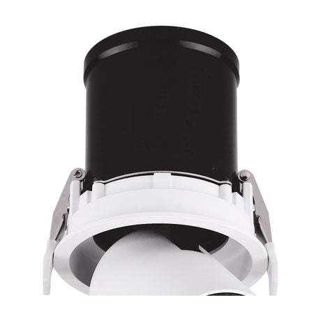Close-up of the Garda Recessed Downlight in matt white, showing the black cylindrical LED head and adjustable white swivel bracket against a plain background.