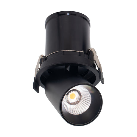 Garda Recessed Downlight in black with adjustable, swivelling LED head and round bezel, 95mm cut-out, 12W 3000K warm white, shown on a plain white background.