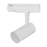 Fiji single-circuit track light in white aluminium with a 65mm cylindrical spot head, built-in LED, and adaptor connector, shown on a plain background.