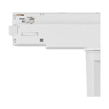 Close-up of the Fiji Single Track Light connector end in white aluminium, showing the track-mounting adaptor with exposed contacts and adjustable knob, against a plain white background.