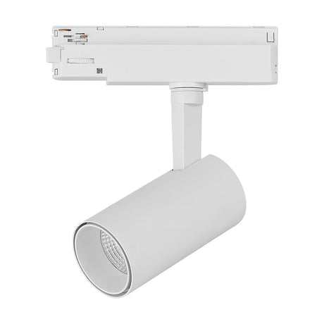 Fiji Single 20W Track Light in white: cylindrical spotlight head with round lens on a slim stem, mounted to a single-circuit track adaptor, shown against a plain white background.