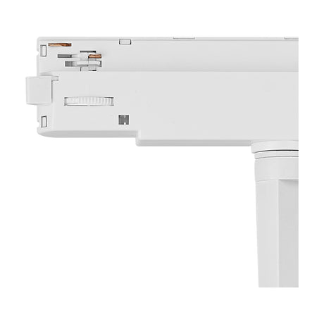 Close-up of the Fiji Single 20W Track Light adaptor end in white aluminium, showing the connector pins, dial control, and mounting clip on a plain background.