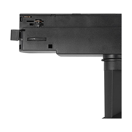 Close-up of the Fiji Single 20W Track Light in black aluminium, showing the track adaptor connector and rotating cylindrical head with control switch, on a plain white background.
