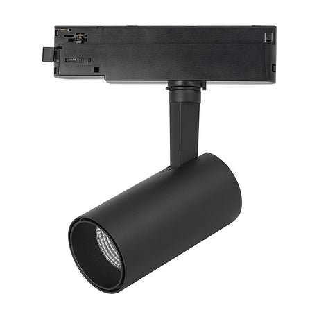 Fiji Single 20W Track Light in black, cylindrical aluminium head with adjustable neck on a single-circuit track adaptor, 65mm, 4000K, shown on a plain white background.