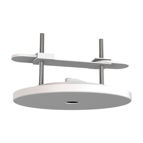 Elsa Pendant Kit ceiling trim in white iron, showing a round 92mm disc with a central cable hole and an adjustable rear bracket with screws, on a plain white background.