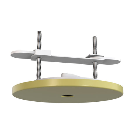 Elsa Pendant Kit ceiling mounting plate with gold 92mm trim ring, white bracket, 65mm cut-out, and two threaded mounting rods on a plain background.