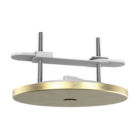Elsa Pendant Kit ceiling cup in antique brass with a shallow round 92mm face and adjustable mounting bracket with two threaded rods, shown on a plain white background.