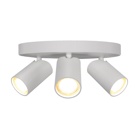 Sal 3 Light GU10 Round Spotlight 25cm in matt white, a round ceiling plate with three adjustable cylindrical heads shown lit, on a plain white background.