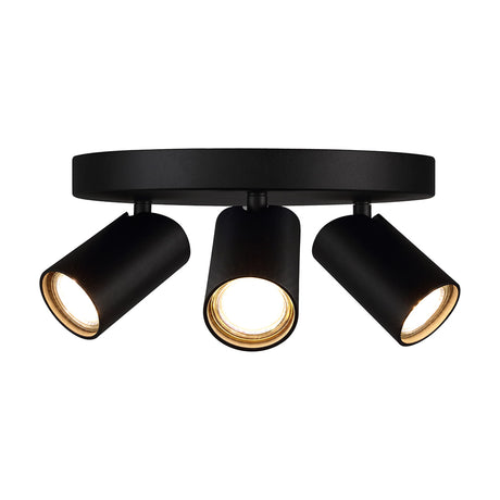 Sal 3 Light GU10 Round Spotlight in matt black, showing a 25cm round ceiling plate with three cylindrical heads angled downward, each lit, on a plain white background.