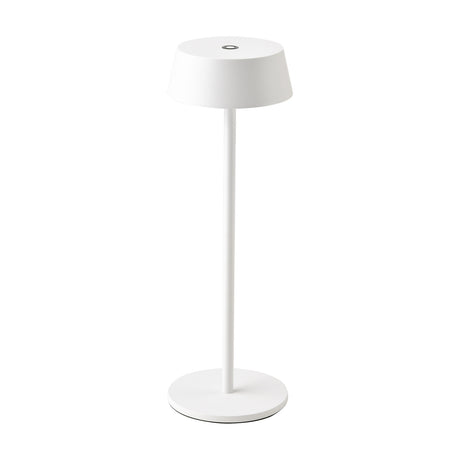 Mantra K4 IP54 Lantern 90mm in white, a slim cordless table lamp with a tapered aluminium shade, slender stem, round base and top touch-dimmer control, shown on a plain white background.