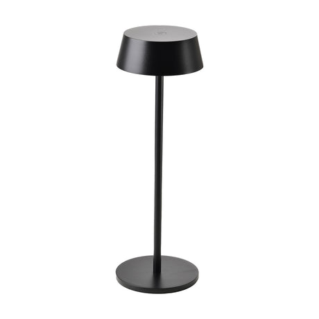 K4 IP54 Lantern 90mm in black, a slim cordless outdoor table lamp with tapered LED shade, slender stem and round base, shown on a plain white background.