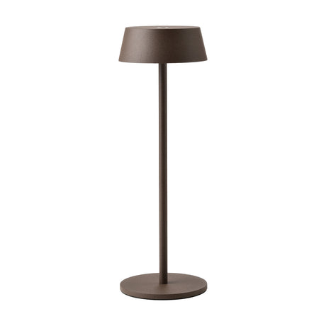 K4 IP54 Lantern in rust brown, a tall slim cordless outdoor lantern with tapered shade, thin stem, round base and touch dimmer, shown on a plain white background.