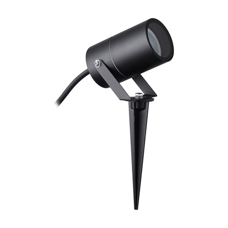 Quebec IP65 outdoor wall light in black aluminium with a cylindrical adjustable head, GU10 lamp, mounting bracket and ground spike, shown on a plain white background.