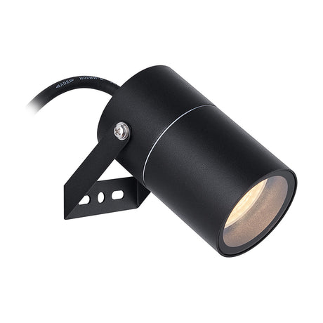 Quebec IP65 outdoor wall light in black aluminium, cylindrical body on an angled bracket with visible fixing screw, GU10 bulb lit within the recessed front, shown on a white background.