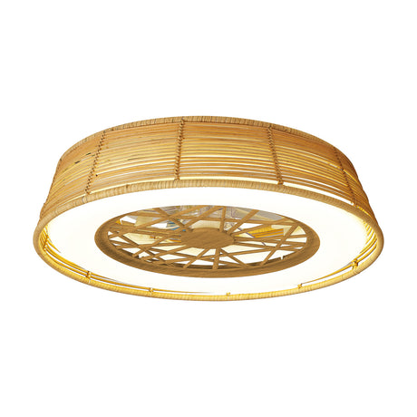 Indonesia Ceiling Fan with Light 56cm in beige, showing a round woven rattan dome with integrated LED and central fan blades, set against a plain white background.
