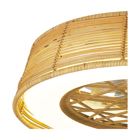 Close-up of the Indonesia Ceiling Fan with Light 56cm in beige, showing the woven rattan dome shade with integrated LED strip and wicker fan blades beneath.