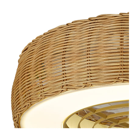 Close-up of the Kilimanjaro Ceiling Fan with Light 58cm in beige, showing woven rattan shade detail, integrated LED glow, and gold-toned fan blades beneath.