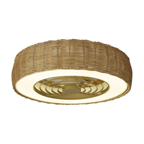 Kilimanjaro 58cm ceiling fan with light, round beige woven rattan shade with integrated LED and gold-tone fan blades visible beneath, shown on a plain white background.