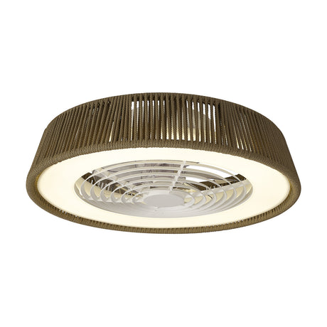 Polinesia ceiling fan with light, wide beige disc-shaped fixture with vertical rattan-style slats and white fan blades, integral LED panel, shown on a plain white background.