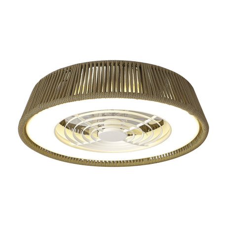 Polinesia 64.5cm ceiling fan with integrated LED light, wide round beige fringed shade, white fan blades and centre light visible beneath, shown on a plain white background.