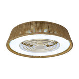 Polinesia Rope Dimmable Ceiling Light 55W 58cm in beige, a round fan light with woven rope drum shade, white LED ring, and geometric fan blades visible beneath, shown on a plain white background.