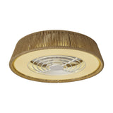 Polinesia Rope Dimmable Ceiling Light, a round 58cm fixture with a beige rope-textured drum shade, integrated LED ring, and white fan blades visible beneath, shown on a plain white background.