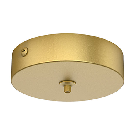 Elsa Round Canopy Kit 10cm in gold, a small round metal ceiling cup with a central cable outlet and side screw fixing, shown on a plain white background.