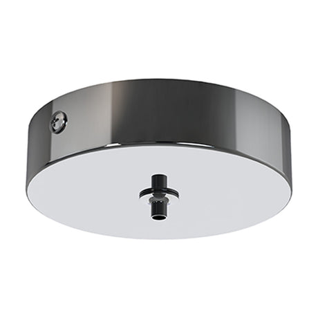 Elsa Round Canopy Kit 10cm in chrome, a shallow round ceiling canopy with a central cable exit and side fixing screw, shown on a plain white background.