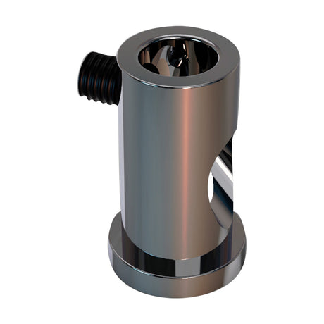 Elsa Wire Locker 15mm cable grip in chrome, a cylindrical metal barrel with a threaded side stem and mounting base, shown on a plain white background.