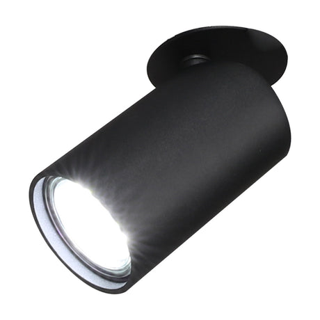 Sal Downlight in matt black aluminium with a cylindrical body and adjustable angle, GU10 fitting shown illuminated, 45mm cut-out trim visible, on a white background.