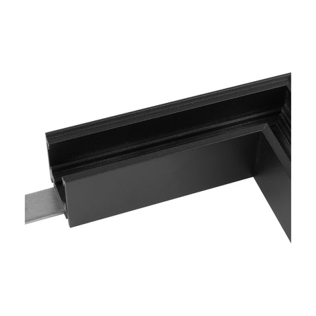 Magneto Shallow Single Connector Surface L-Joint 90º in black aluminium, showing the square low-profile track corner with internal channel, photographed on a white background.