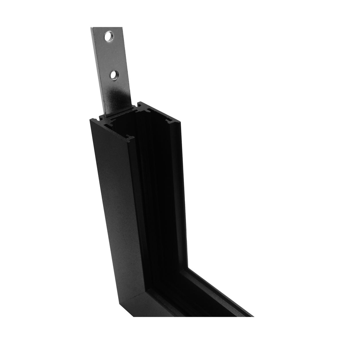 Magneto Shallow Single Connector Surface L-Joint in black aluminium, shown as an angled track section with a mounting bracket, IP20, on a plain white background.