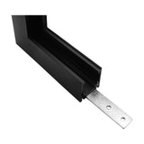 Matte black aluminium Magneto Shallow Single Connector L-Joint corner piece, angled view showing surface track channel and end mounting bracket, on white background.