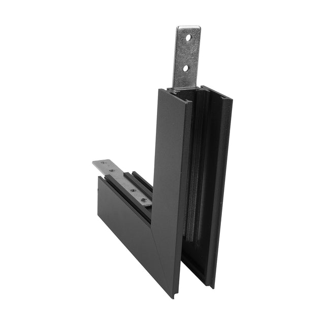 Magneto Shallow Single Connector L-Joint in black aluminium, shown at an angle with two mounting brackets, forming a right-angle wall-to-wall track connector on a white background.