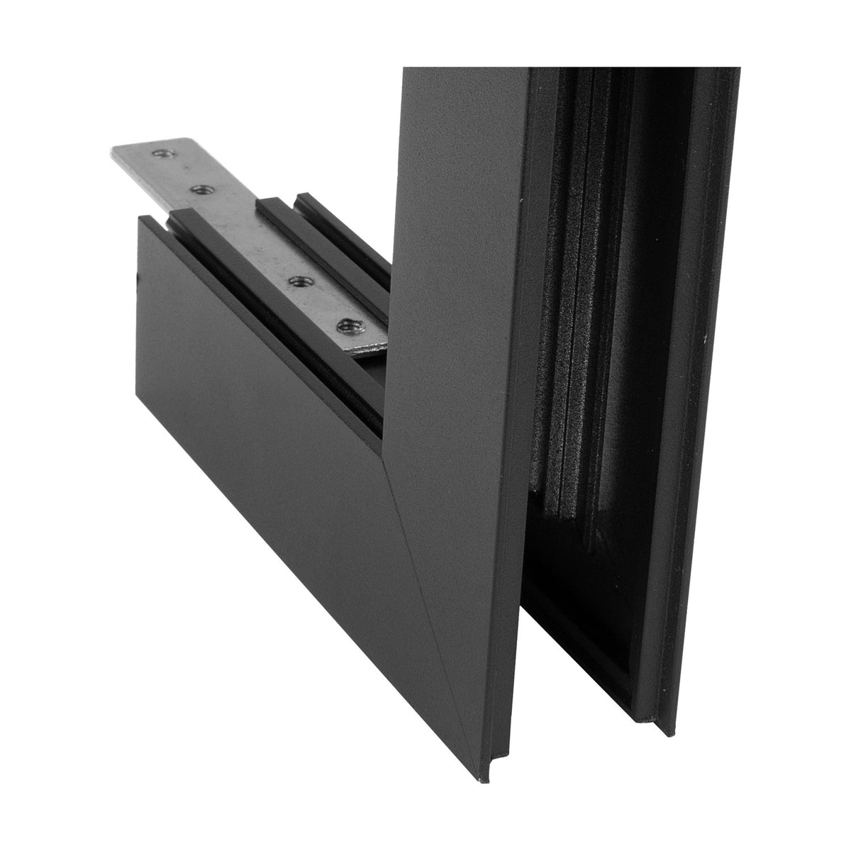 Magneto Shallow Single Connector L-Joint in black aluminium, showing the track profile with mounting plate and screw fixings on a white background.