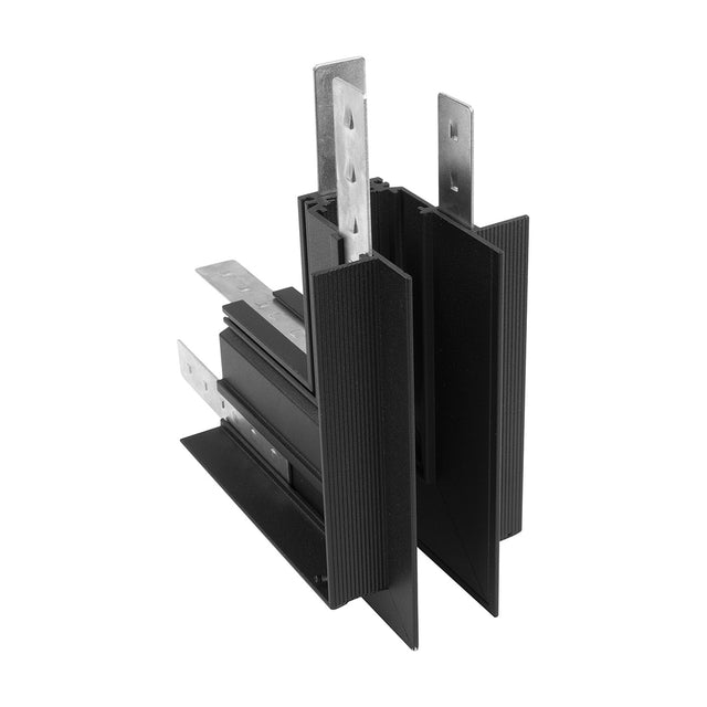 Magneto Recessed Track Light L-joint in black, 11cm sides, showing internal channel and mounting brackets on a plain white background.
