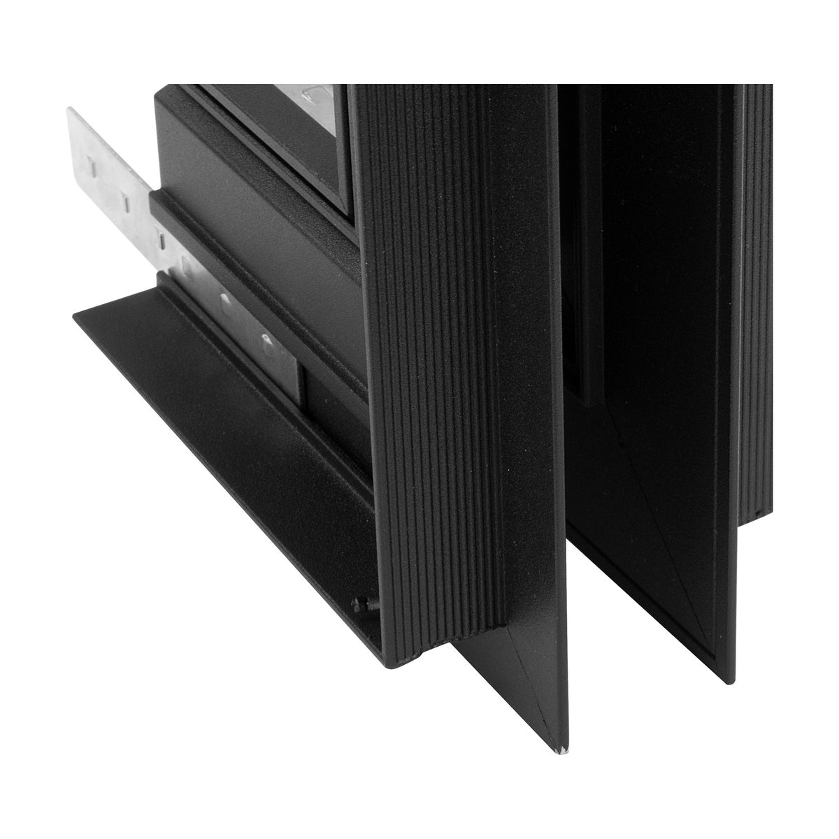 Magneto Recessed Track Light 11cm L-joint corner connector in black, ridged metal profile with mounting bracket, shown at an angle against a white background.
