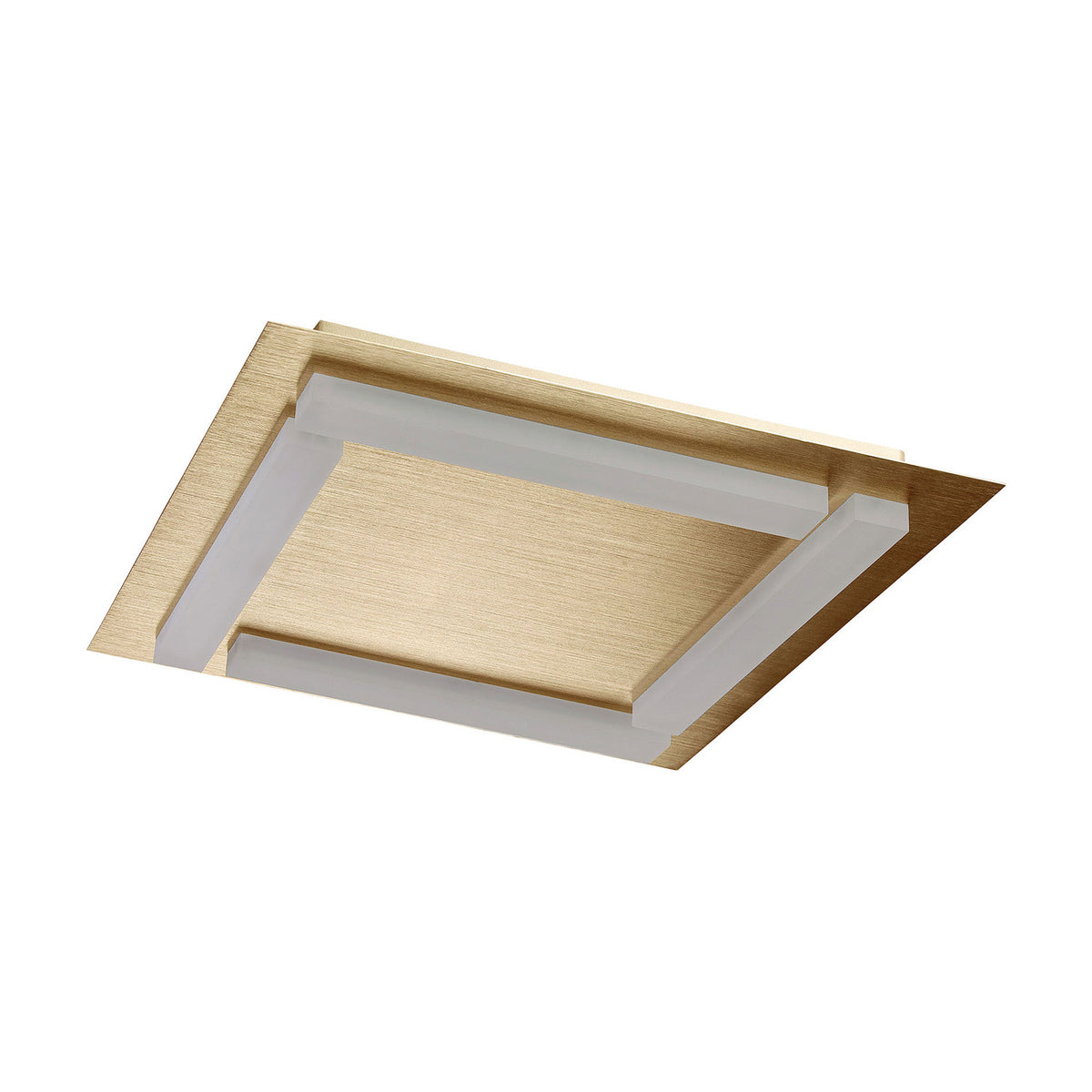 Square gold-finished LED flush ceiling light with recessed frosted diffuser panels, shown at an angle on a plain white background.
