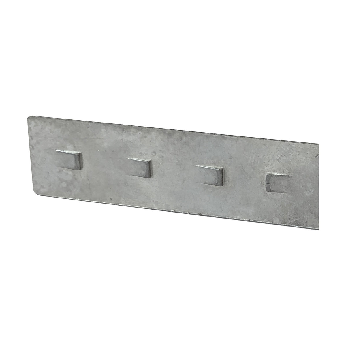 Magneto Track Connection Side Plate in silver aluminium, a slim rectangular strip with four raised connector hooks, shown at an angle on a plain white background.