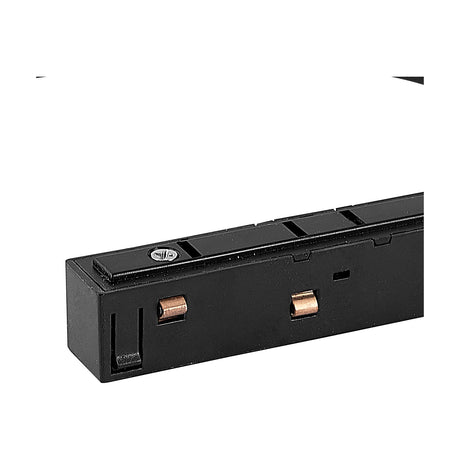 Close-up of the Magneto Track Live End in black, showing the square track section with exposed copper connector pins and a screw fixing, on a plain white background.