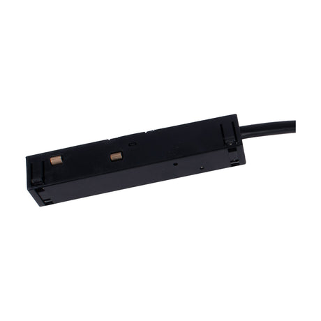 Magneto Track Connector, 28cm black slim-profile bar with two copper contact pins and integrated cable, shown at an angle on a plain white background.