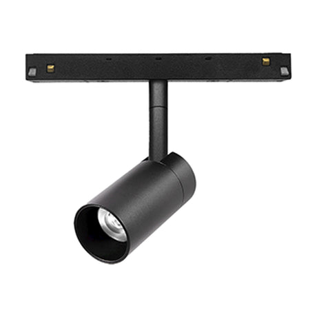 Magneto 7W Track Light in black aluminium, showing a cylindrical spot head on an adjustable arm mounted to a magnetic track rail, 3000K LED, on a plain white background.