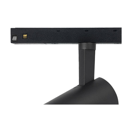 Close-up of the Magneto Track Light in matte black, showing the slim 65mm barrel head mounted on a magnetic track connector, against a plain white background.