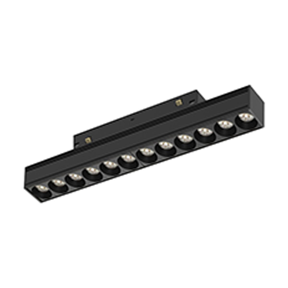 Magneto 12W Linear Track Light, 25cm black aluminium bar with multiple recessed LED spots and magnetic mounting connector, shown on a plain white background.