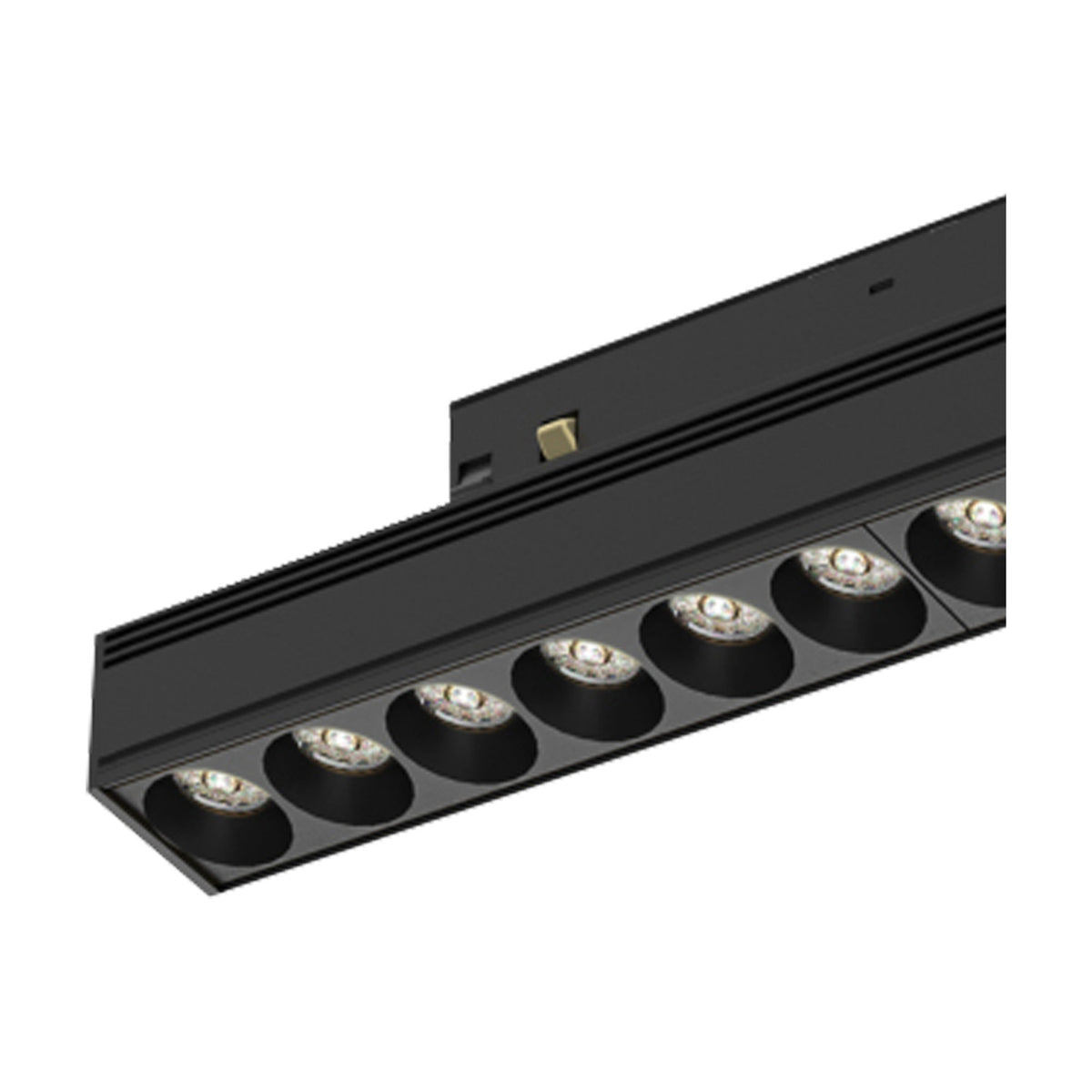 Magneto 12W Linear Track Light in black aluminium, 25cm bar with seven round recessed LED lenses and magnetic mounting connector, shown on a white background.