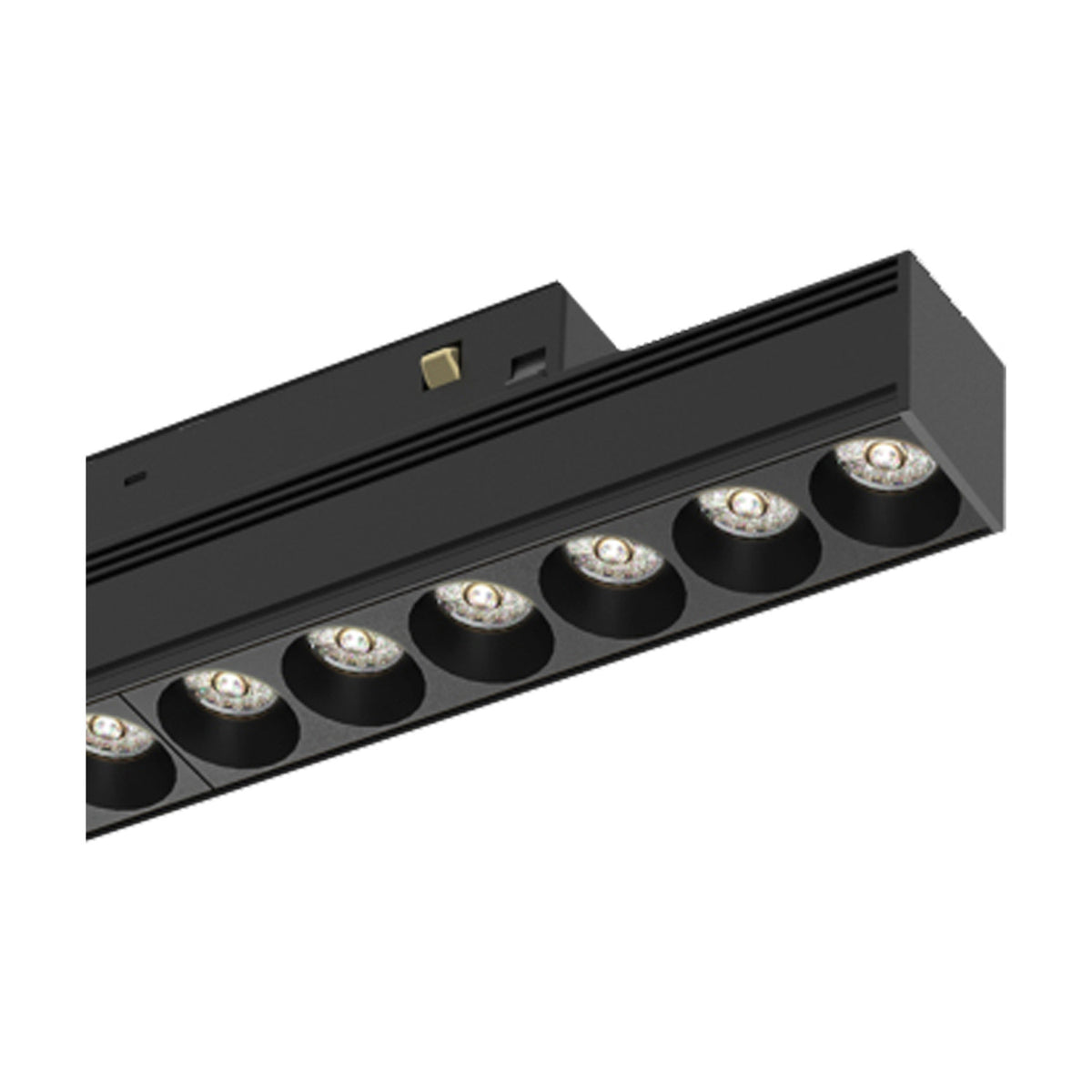 Magneto 12W Linear Track Light in black, a slim 25cm aluminium bar with seven round LED lens apertures and a magnetic track fitting, shown against a plain white background.