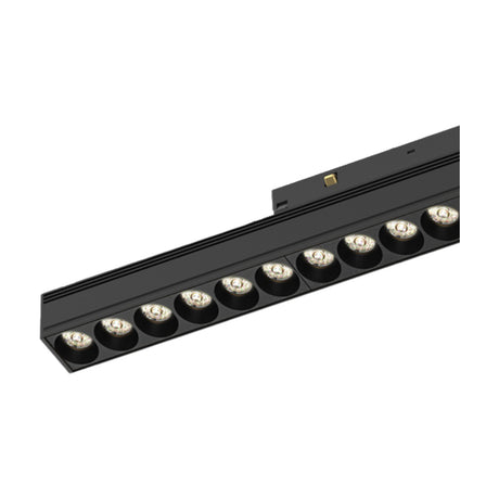 Magneto 18W Linear Track Light, 37cm black aluminium bar with multiple round LED lenses, shown at an angle on a plain white background.